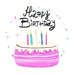 Happy Birthday lettering frame drawn by hand in doodle style . Congratulations and wishes in confetti on a pink pastel background. . Pink cake with candles. Five years anniversary celebration.