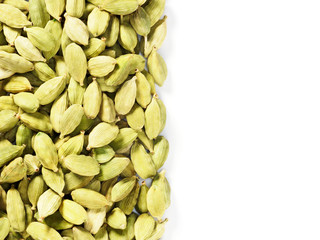 Spice Green Cardamom (Elettaria cardamomum) makes food tastier and healthier. Indian culinary ingredient. Isolate on white background