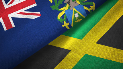 Pitcairn Islands and Jamaica two flags textile cloth, fabric texture