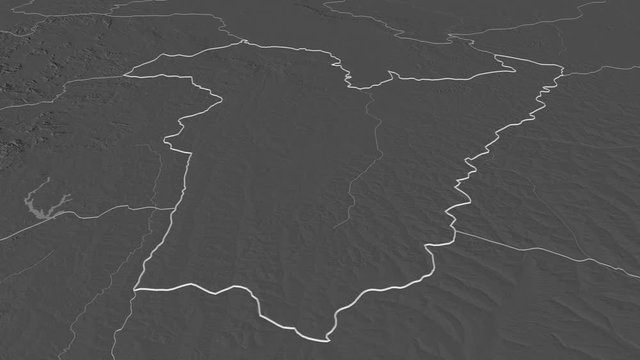 Bi&eacute;, province with its capital, zoomed and extruded on the bilevel map of Angola in the conformal Stereographic projection. Animation 3D