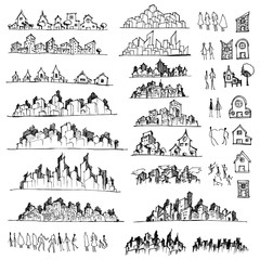 Set of Cityscape Drawing illustration Hand drawn doodle Sketch line vector eps10