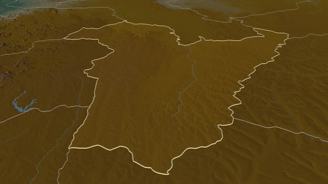 Bi&eacute;, province with its capital, zoomed and extruded on the relief map of Angola in the conformal Stereographic projection. Animation 3D