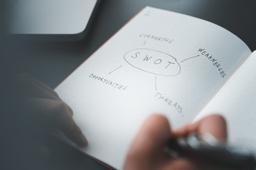 businessman write words on notebook, swot analysis concept