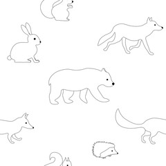  Seamless pattern Forest animals vector bunny squirrel hedgehog wolf fox bear graphic