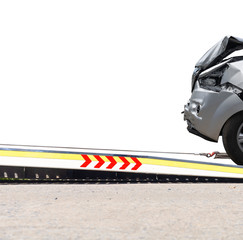 accident Car Slide on  truck for move. Gray car have damage by accident on road take with slide truck move . Isolate on white background.