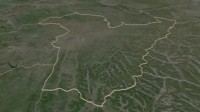 Bi&eacute;, province with its capital, zoomed and extruded on the satellite map of Angola in the conformal Stereographic projection. Animation 3D