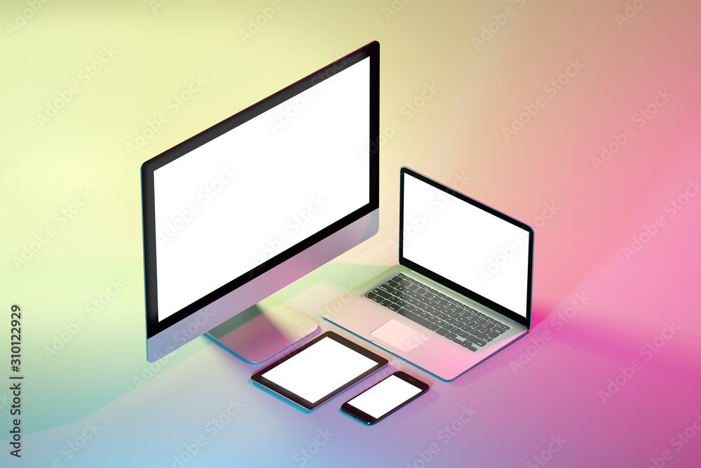Poster mock up of isometric devices on a colorfull background - 3d rendering