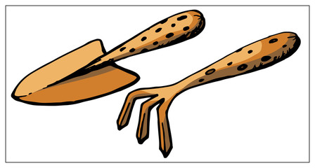 Vector symbols of hand rake and shoulder blades for gardening
