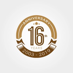 Anniversary golden badge 16 Years with gold style Vector Illustration