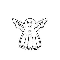 Angel with spread wings decorated on a white background. Black and white illustration of a smiling cute angel Christmas gingerbread. Isolated object. Element for holiday design.