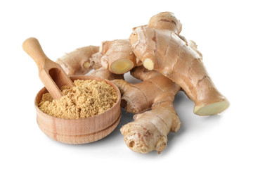 Fresh and ground ginger on white background