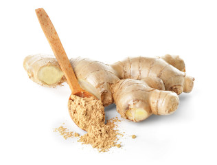 Fresh and ground ginger on white background