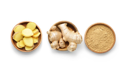 Fresh and ground ginger on white background