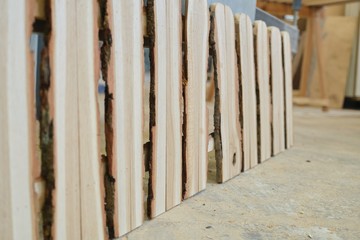 Fototapeta premium Wooden rustic style fence in carpentry workshop