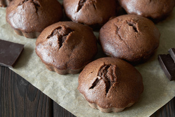 A group of homemade chocolate muffins on parchment with pieces of chocolate. Dark wooden background, closeup, selective focus