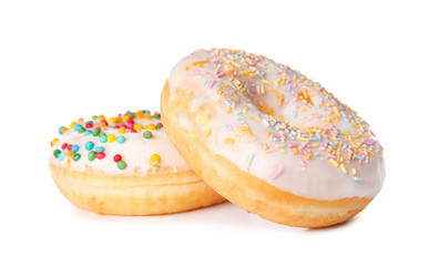 Sweet tasty donuts on white background