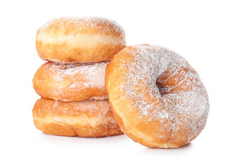 Sweet tasty donuts on white background