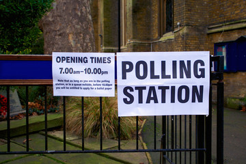 Polling station sign in London, England.