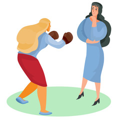 a woman in boxing gloves attacks another woman, she stands calm and tries to listen and understand what is happening, isolated object on a white background, vector illustration