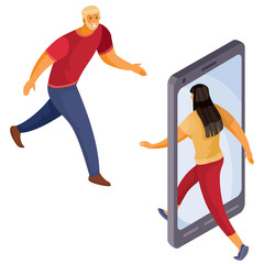 a woman goes out of telefoa, a man goes in the direction of the phone, an isolated object on a white background, vector illustration