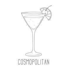 Alcoholic cocktail - cosmopolitan with lime and cherry isolated on white background. Vector illustration