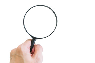 Male hand holding Magnifying glass isolated on white background