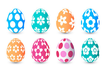 Happy Easter collection. Surround realistic colorful Easter eggs set with  flowers ornament. Isolated on white background. 3d vector Illustration. For spring holiday greeting card, poster, flyer