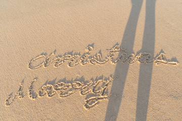 Concept Christmas on the beach Tropical design made in Phuket, Thailand Write the alphabet on the sand background Taken from real locations.