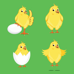 Cute cartoon chicken set. Funny yellow chickens in different poses, vector illustration.