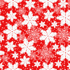 Obraz na płótnie Canvas Snowflakes on a seamless red background. Decorative greeting card happy New year and merry Christmas.