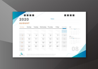 2020 August desk calendar white blue theme