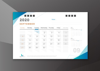 2020 September desk calendar white blue theme