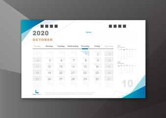 2020 October desk calendar white blue theme