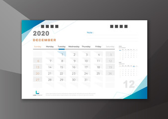 2020 December desk calendar white blue theme