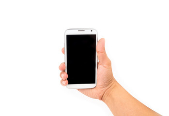 Hand holding white smartphone on white background