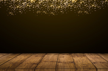 old wood background Wooden counter with firework on night sky