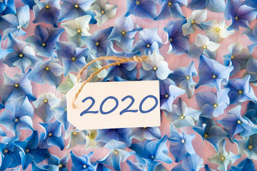 Label With Text 2020. Flat Lay Of Hydrangea Blossoms.
