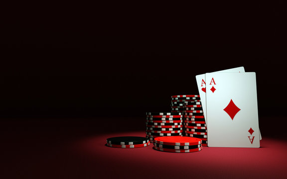 Stack of chips and two aces. 3d illustration