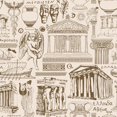 Naklejki  Wektor wzór na temat starożytnej Grecji. Powtarzające się tło, Tapeta, papier do pakowania lub tkanina ze szkicami zabytków architektonicznych i symboli starożytnej kultury greckiej