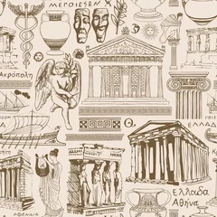 Fotobehang Vector seamless pattern on the theme of Ancient Greece. Repeating background, Wallpaper, wrapping paper or fabric with sketches of architectural monuments and symbols of ancient Greek culture © paseven
