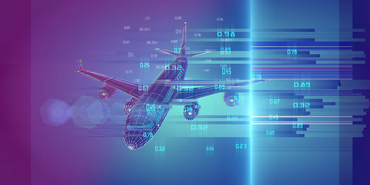 Abstract airplane on gradient  background. Outline wireframe analytical concept. Travel, tourism, transport. Aircraft 3d illustration with data.