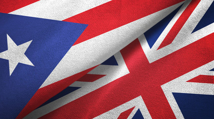 Puerto Rico and United Kingdom two flags textile cloth, fabric texture