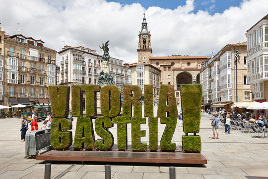 Traditional spanish picturesque square in Vitoria-Gasteiz. Euskadi, Spain