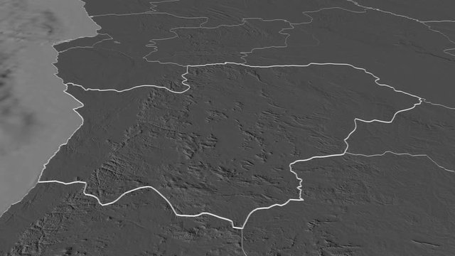 Cuanza Sul, province with its capital, zoomed and extruded on the bilevel map of Angola in the conformal Stereographic projection. Animation 3D