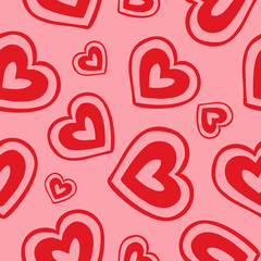 Abstract seamless pattern with red stylized hearts on pink background. Endless background. Minimal design for Valentine's day or wedding. Vector illustration