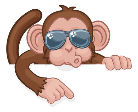 A monkey cool cartoon character animal wearing sunglasses peeking over a sign and pointing.