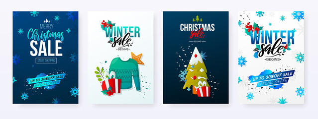 Obraz na płótnie Canvas Set of winter seasonal sale ad vector backgrounds.