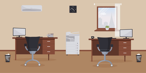 Interior of working place in the office on the light cream background. Vector illustration. Furniture: table, chair. Air conditioning, multifunction device and wall clock. For advertising,sites