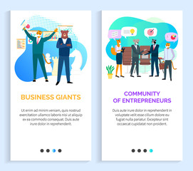 Community of entrepreneurs vector, hipster animals on meeting business giants bear and tiger, boss and secretary fox, koala conversation. Website or slider app, landing page flat style
