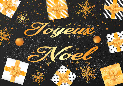 Bannière ou carte Dorée sur fond noir Joyeux Noël – cadeaux – boules – flocons – paillettes	